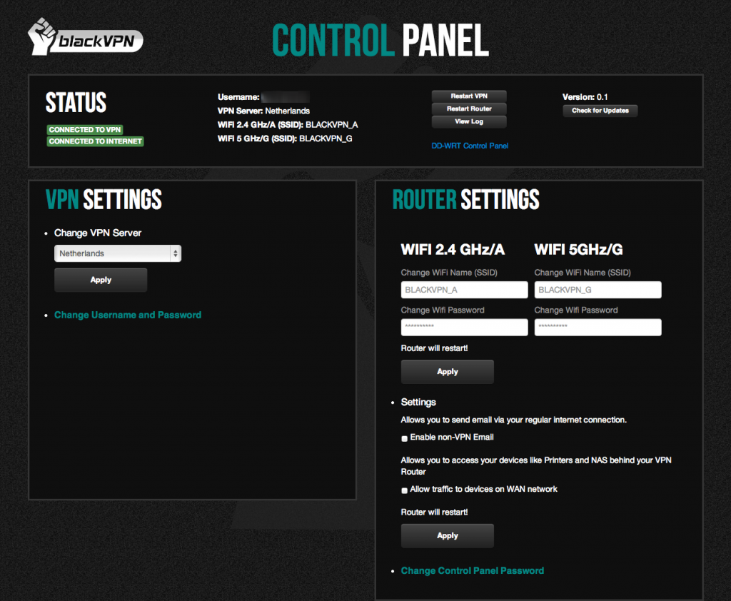 blackVPN Router Control Panel