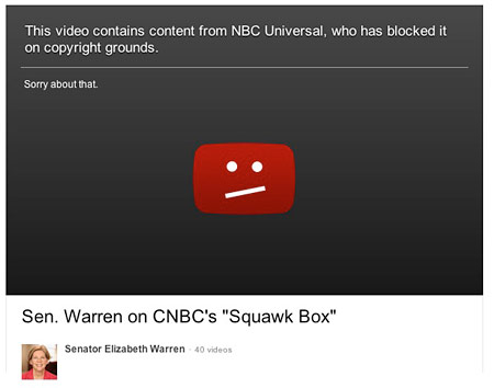 Copyright As Censorship: NBC Pulls YouTube Clip From Senator Elizabeth Warren's Account