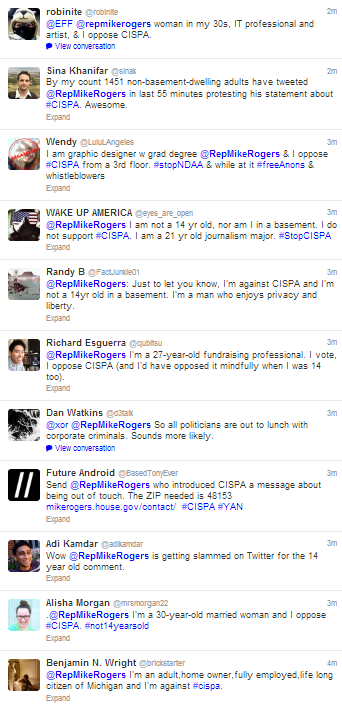 Thousands Of People Tweet To Rep. Mike Rogers That They're Not 14, Not In Their Basement, And They Still Oppose CISPA | Techdirt